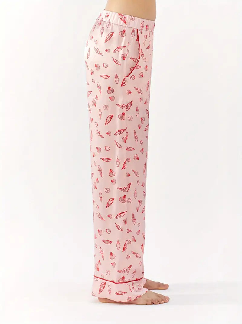 2pcs Elegant Women'S Pajama Set, Seashell Print, Geometric Pattern, Polyester Woven Sleepwear, with Lapel Collar, Asymmetrical Detail, for All-Season Comfort