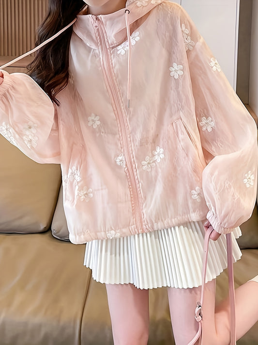 2025 Summer Women'S Lightweight Hooded Sun Jacket with Lace Trim, Semi-Breathable Long Sleeve Zip-Up Front Casual Outdoor Jacket + Top Two-Piece Set, Cute Women'S Style Soft Texture Fashion Design