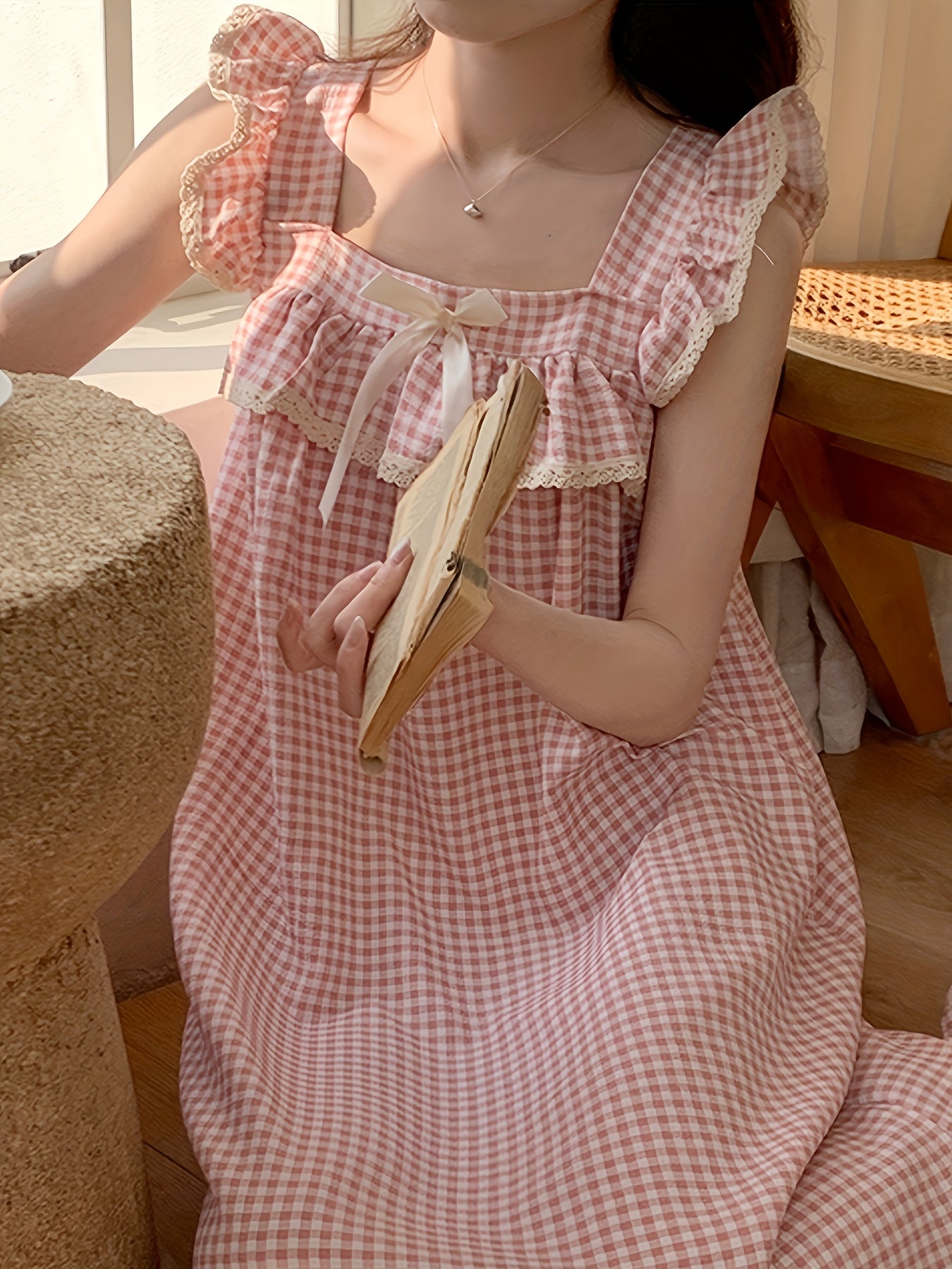 2025 Little Flying Sleeve Nightgown for Women, Summer Plaid Long Sweet and Cute Fresh Princess Style Home Wear with Built-in Bra