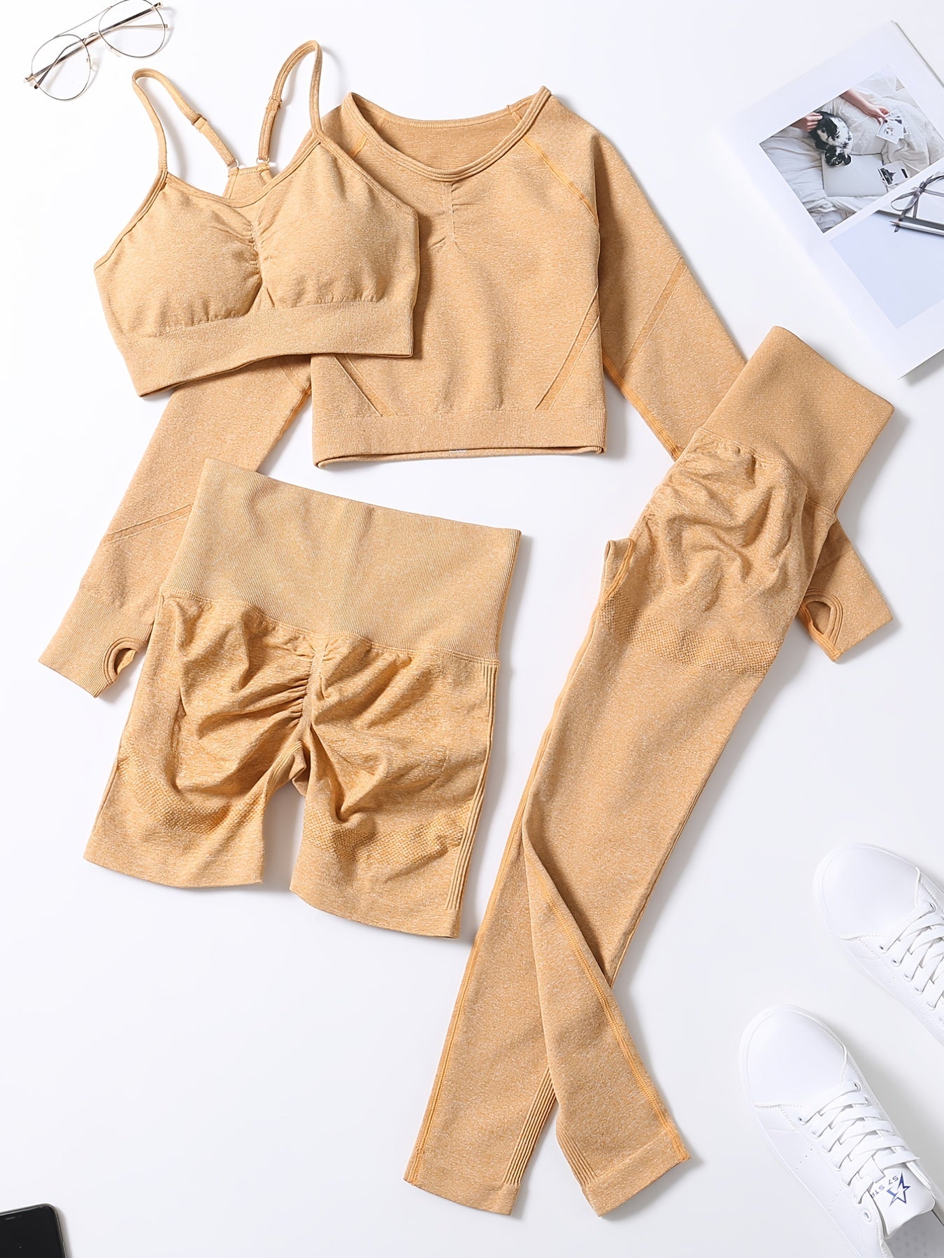 Smiling Face Style Workout Outfits for Women 4pcs Ribbed Seamless Crop Tank High Waist Yoga Leggings Sets