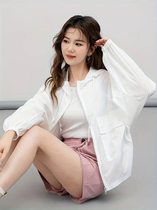 Women'S Casual Loose-Fit Breathable Hooded Jacket - Lightweight Sun Protection Beach Cover-Up, White with Black Pockets, Perfect for Spring & Summer, Casual Wear Hoodie|Relaxed Fit Hoodie|Lightweight Jacket