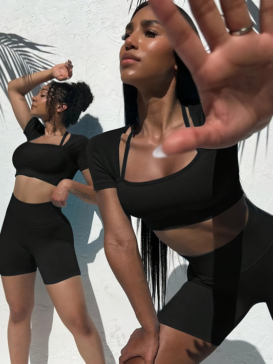 2pcs-Womens Workout Sets Square Neck Short Sleeve Shirts Ribbed Slim Fitted Seamless Yoga Outfits Shorts And Crop Top Matching Gym Athletic Clothing Set
