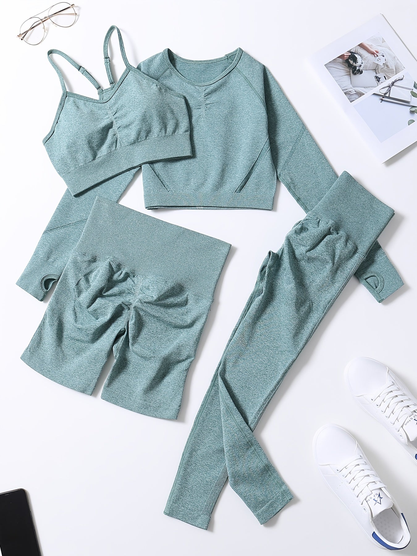 Smiling Face Style Workout Outfits for Women 4pcs Ribbed Seamless Crop Tank High Waist Yoga Leggings Sets