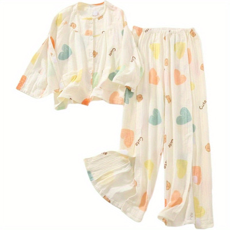 Women's Tearable Post-Operative Recovery Sleepwear - Adaptive Full-Open Pants with Elastic Waist & Cuffs, Pastel Heart Print for Paralyzed Bedridden Patients, Fracture Care & Home Use