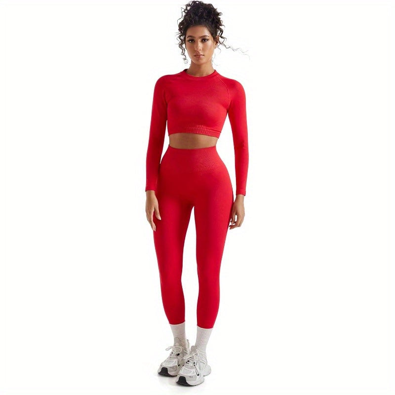Women 2pcs Workout Sets Hidden Scrunch Hip Lifting Seamless Leggings Long Sleeve Yoga Crop Tops