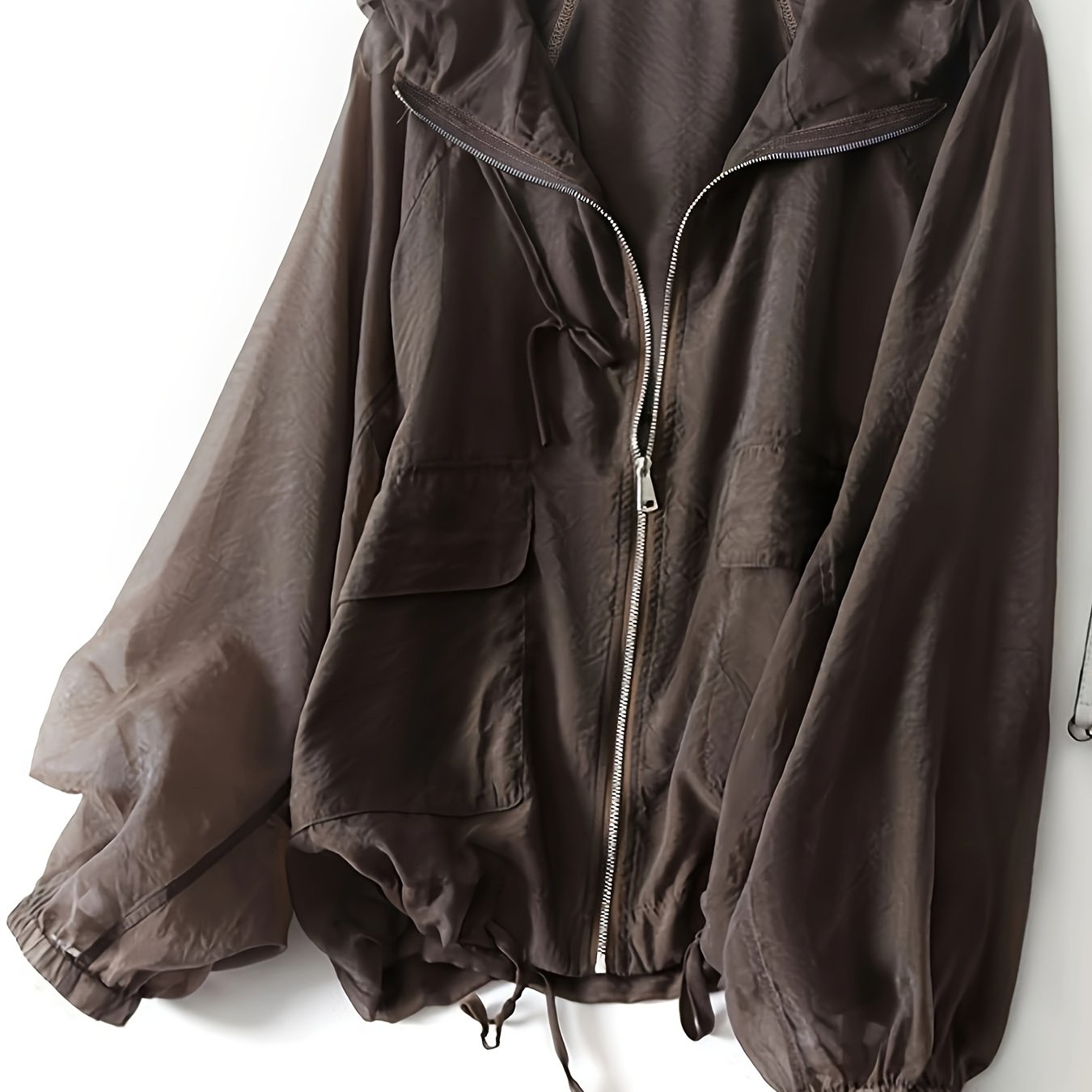 Women'S Lightweight Breathable Sun Protection Hooded Jacket - Casual Solid Color Zip-Up Long Sleeve Outerwear with Drawstring Detail, Spring\u002FSummer Collection, Loose Fit, Polyester Fabric