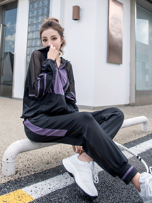 Women's Loose Casual Sportswear Set with Hooded Top, Mesh Patchwork Long Sleeve Jacket and Pants Two-Piece