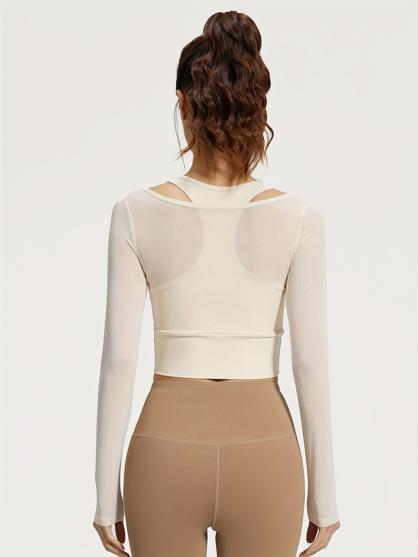 3 Colors New Spring\u002FSummer Mesh Two-Piece Yoga Set with Fixed Bra, Long Sleeve Women's Yoga Top, Slimming Elastic Waist Shaper, No-Bra Workout Fitness Shirt