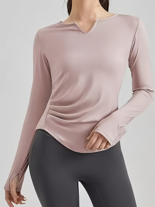 Women's Quick-Dry Sweat Absorbent Long Sleeve Workout Top - V-Neck Thumb Button Yoga Shirt with Ruching Detail, Slim Fit for Pilates, Running & Training, All-Season Machine Washable Fitness Apparel, Athletic Vneckline, Ruched Sportswear, Stretchy Fabric