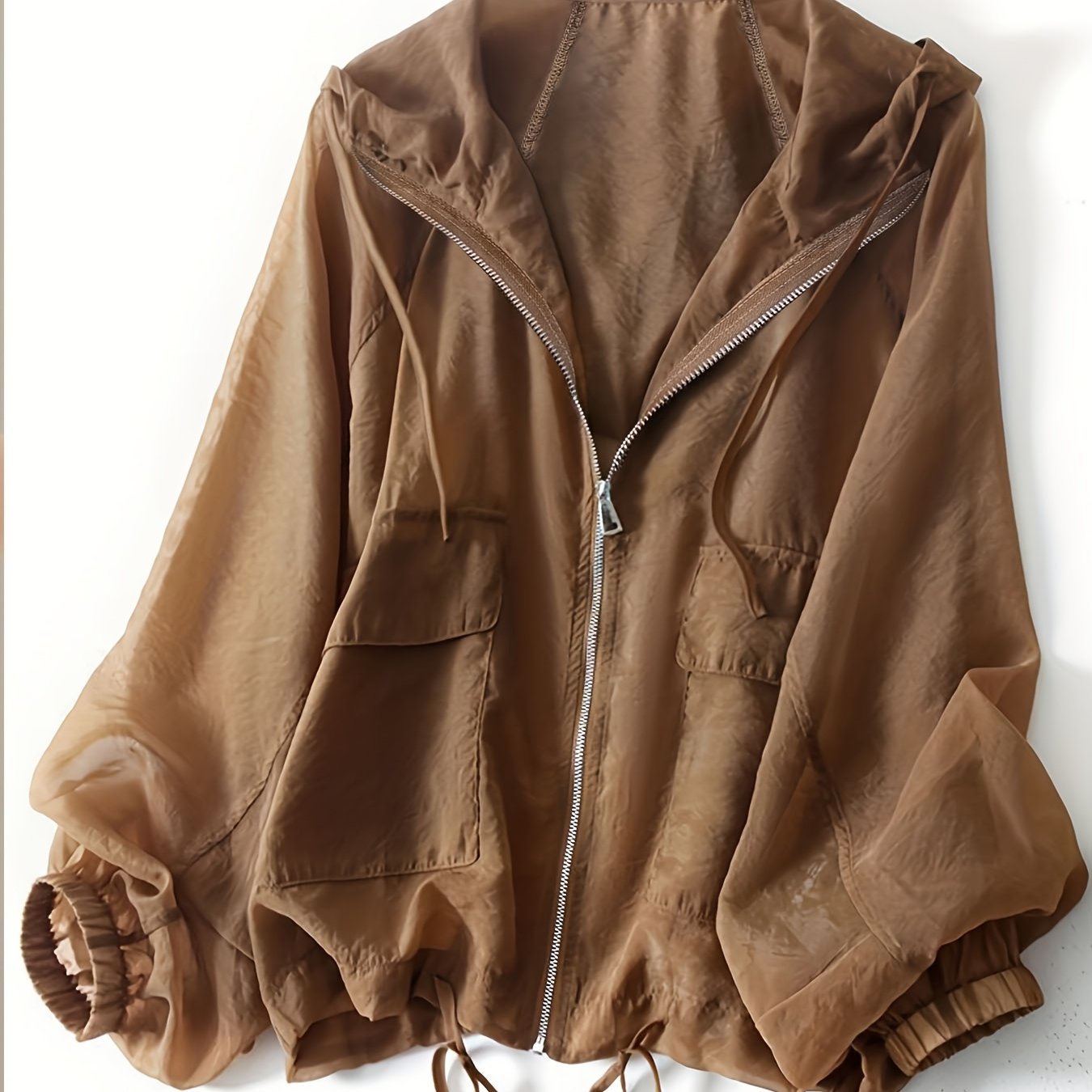 Women'S Lightweight Breathable Sun Protection Hooded Jacket - Casual Solid Color Zip-Up Long Sleeve Outerwear with Drawstring Detail, Spring\u002FSummer Collection, Loose Fit, Polyester Fabric