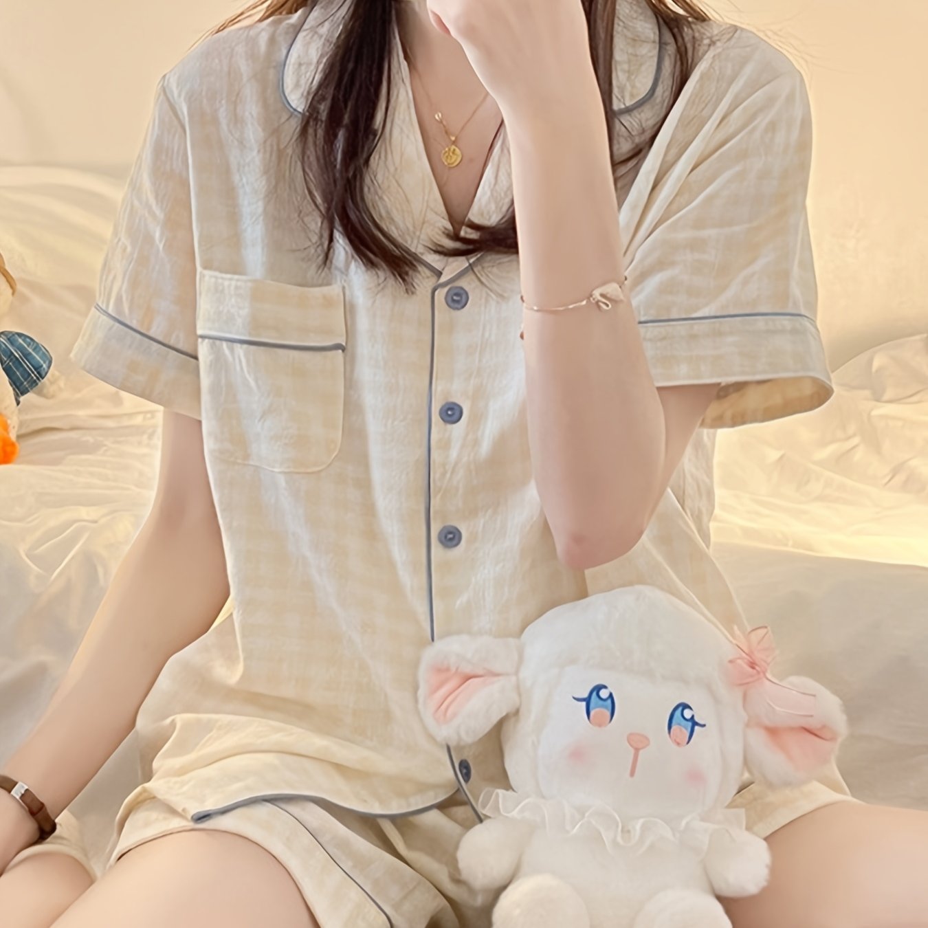 ins Sweet Style Yellow Plaid Short Sleeve 2pcs Set 2025 New Home Clothes Comfortable and Wearable