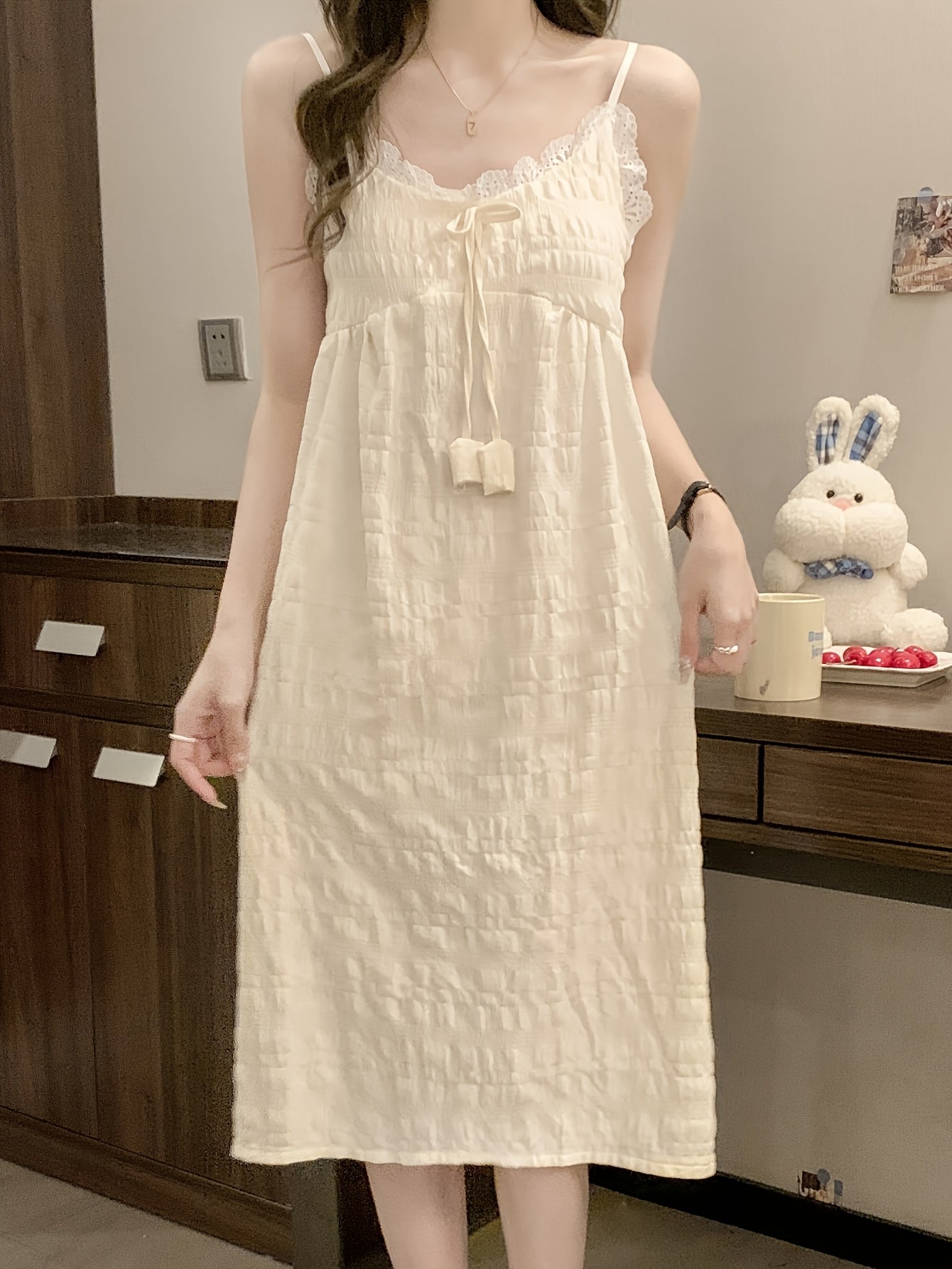 Elegant Off-Shoulder Mini Nightgown with Lace Trim - Sexy Solid Beige Cami Sleep Dress for Women, Soft Polyester Fabric, Summer Sleepwear and Loungewear, Casual Loungewear | Feminine Sleepwear | Polyester Nightgown