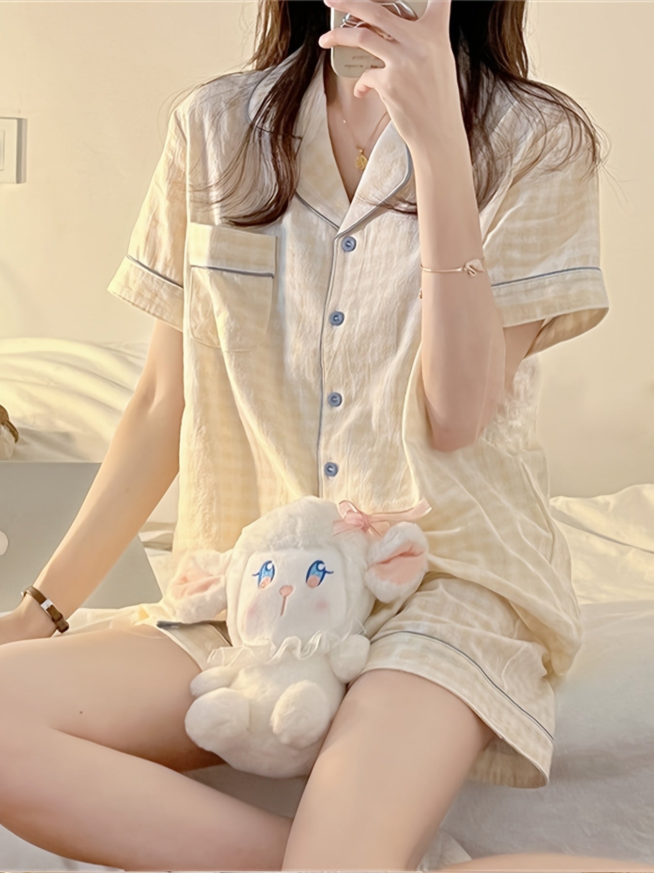 ins Sweet Style Yellow Plaid Short Sleeve 2pcs Set 2025 New Home Clothes Comfortable and Wearable