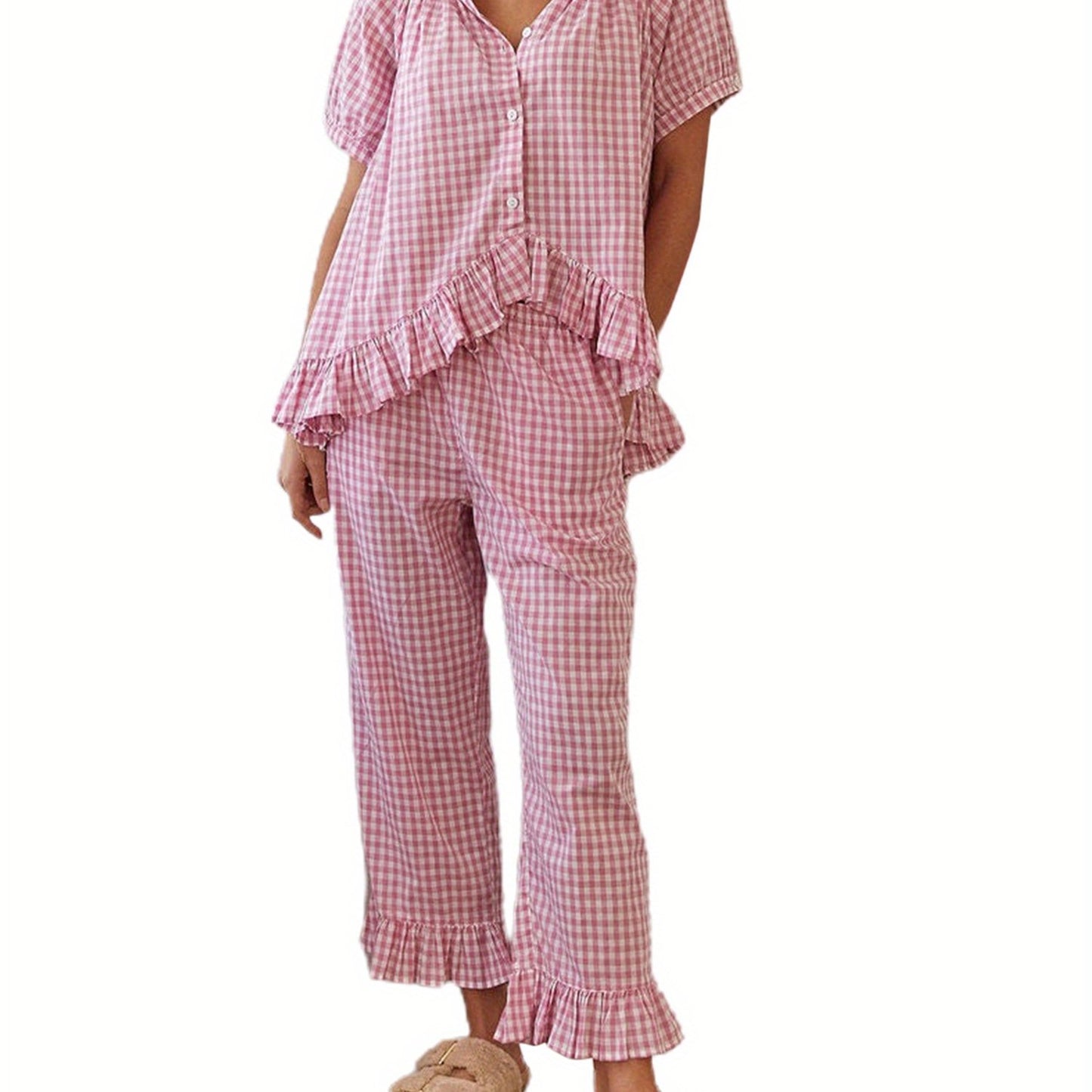 Womens 2pcs Pajama Set Short Sleeve Plaid Print Button Up Shirt + Ruffle Pants Set Sleepwear Loungewear