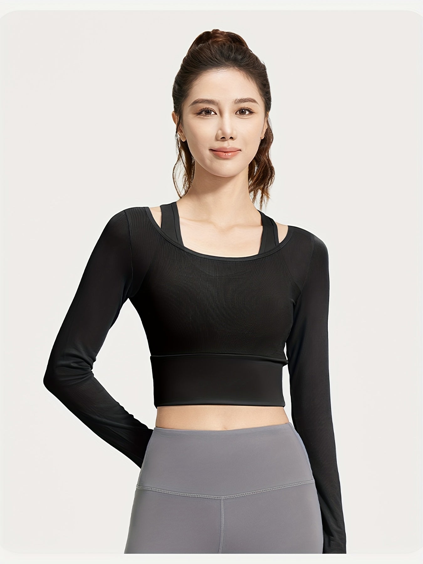 3 Colors New Spring\u002FSummer Mesh Two-Piece Yoga Set with Fixed Bra, Long Sleeve Women's Yoga Top, Slimming Elastic Waist Shaper, No-Bra Workout Fitness Shirt