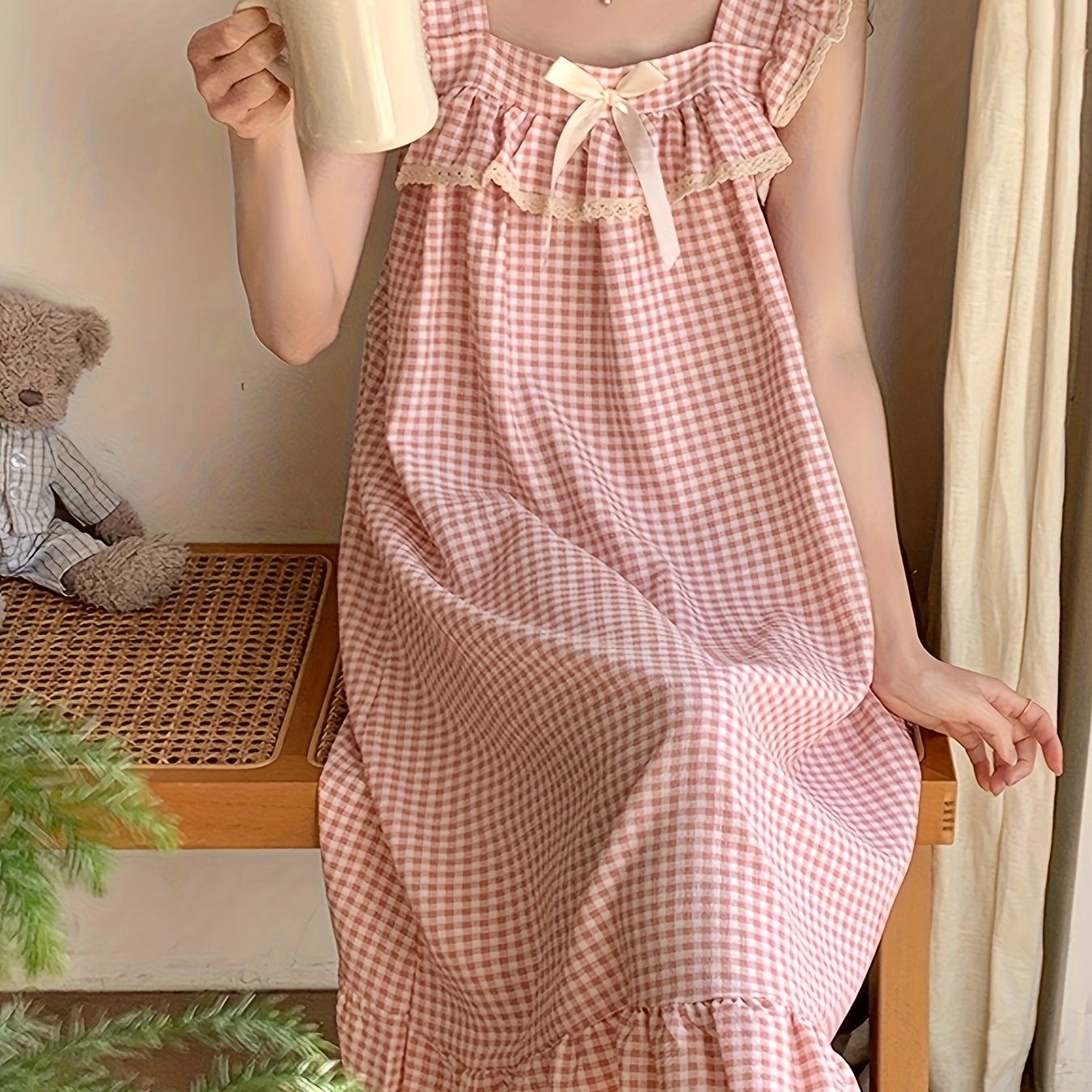 2025 Little Flying Sleeve Nightgown for Women, Summer Plaid Long Sweet and Cute Fresh Princess Style Home Wear with Built-in Bra