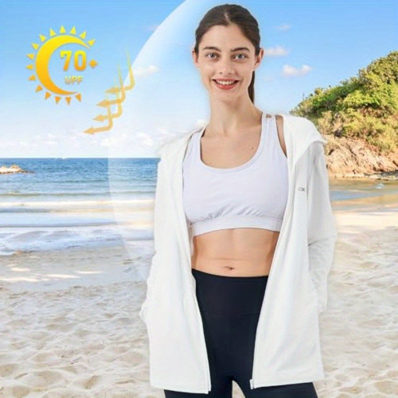 Women's UPF 70+ Full Body Sun Protection Hoodie - Lightweight UV Blocking Jacket with Front Zipper & Thumb Holes, Quick-Dry Athletic Zip-Up for Running, Hiking, Beach, Gym - White Outdoor Sports Apparel, Sun Safe Clothing, Breathable Fabric