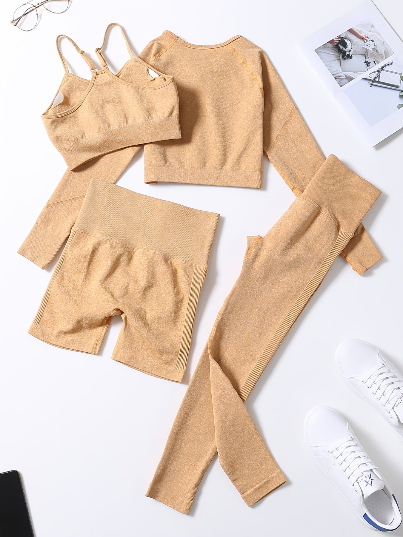 Smiling Face Style Workout Outfits for Women 4pcs Ribbed Seamless Crop Tank High Waist Yoga Leggings Sets