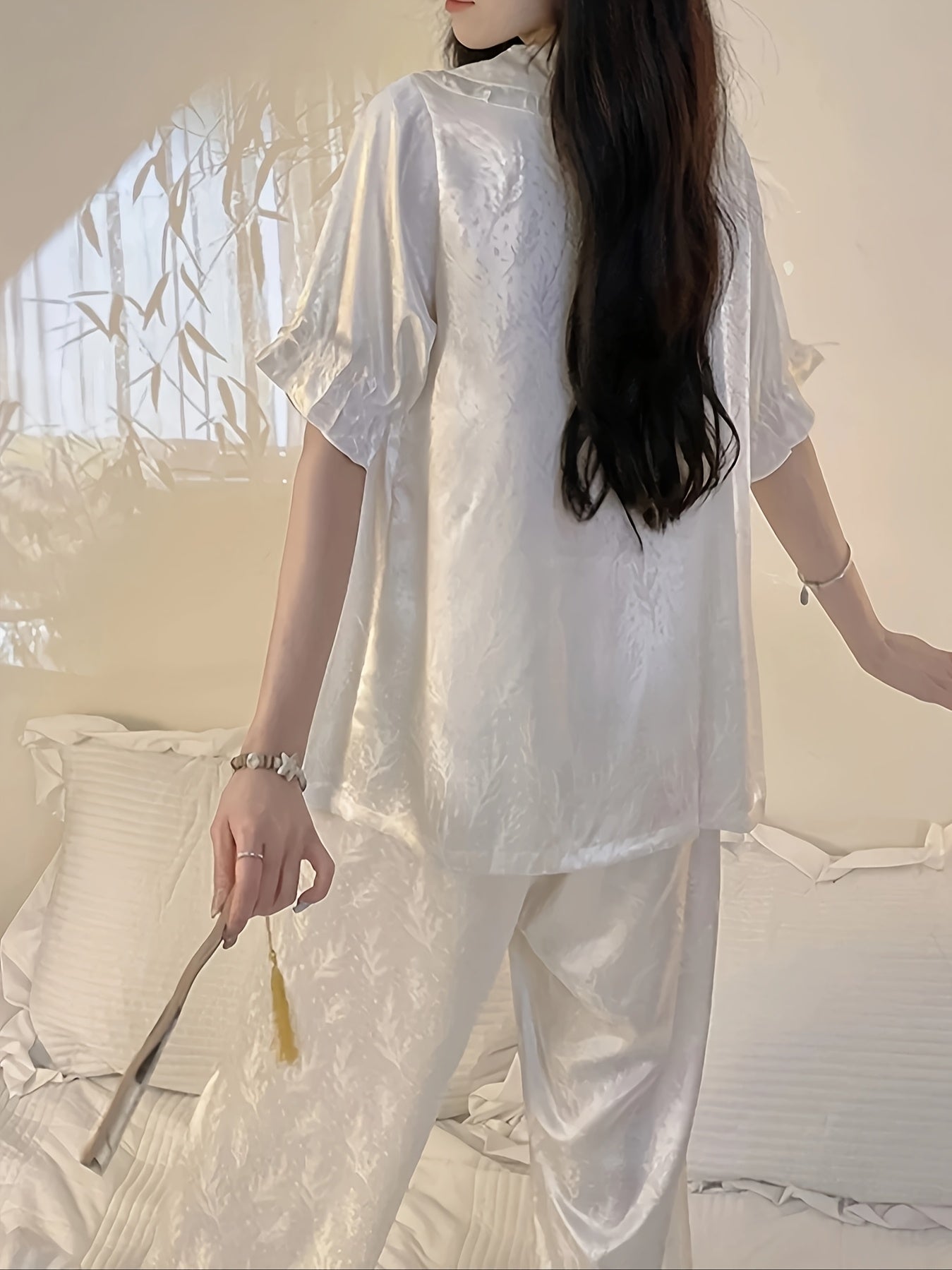 2025 New Chinese Style Summer Pajamas for Women: Ice Sliky Fiber Fabric Short-Sleeve Collar Court Lace Sweet Luxury Home Wear