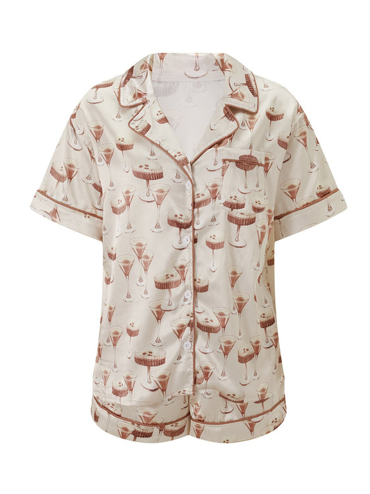 Women'S 2pcs Pajama Set, Polyester Lounge Wear with Guitar\u002FButterfly\u002FGoblet\u002FCroissant Print, Short Sleeve Top & Shorts Sleepwear Outfit, Casual All-Season Nightwear with Collared Shirt, Woven