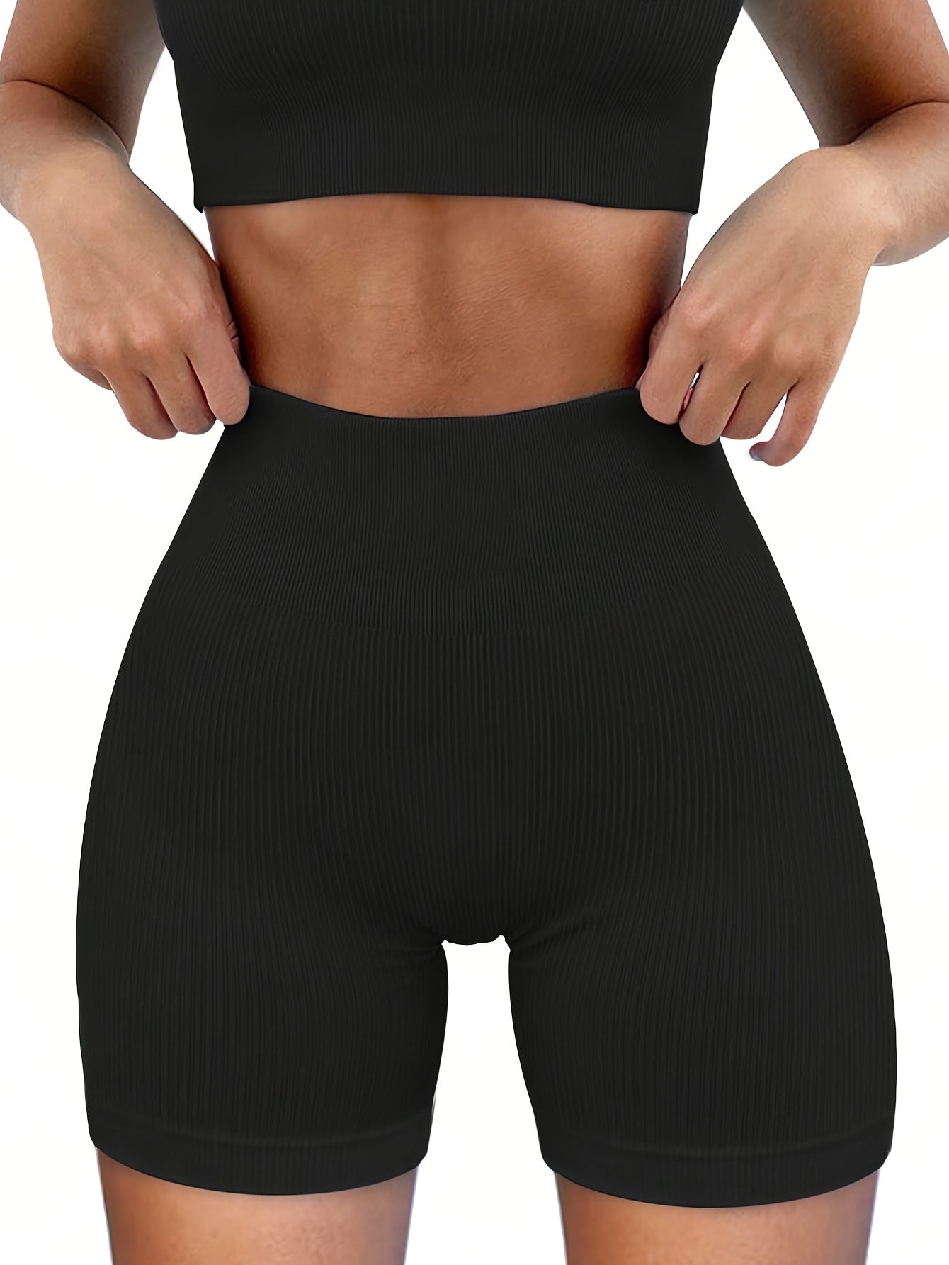 2pcs-Womens Workout Sets Square Neck Short Sleeve Shirts Ribbed Slim Fitted Seamless Yoga Outfits Shorts And Crop Top Matching Gym Athletic Clothing Set