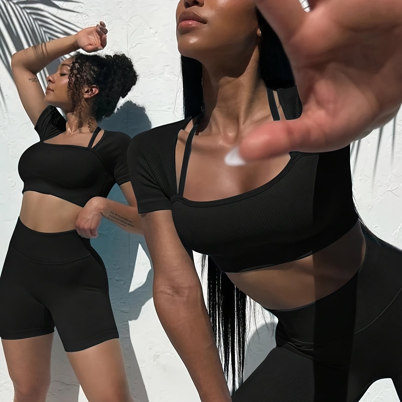 2pcs-Womens Workout Sets Square Neck Short Sleeve Shirts Ribbed Slim Fitted Seamless Yoga Outfits Shorts And Crop Top Matching Gym Athletic Clothing Set