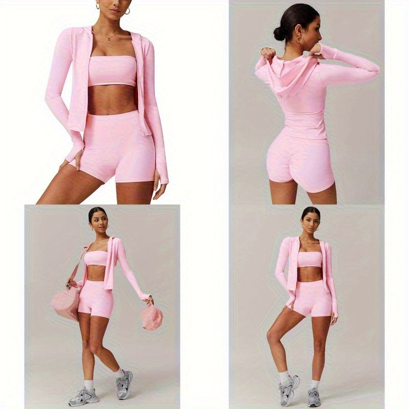 2pcs Workout Sets for Women High Waisted Shorts Long Sleeve Athletic UPF 50+ Jacket Gym Yoga Outfit