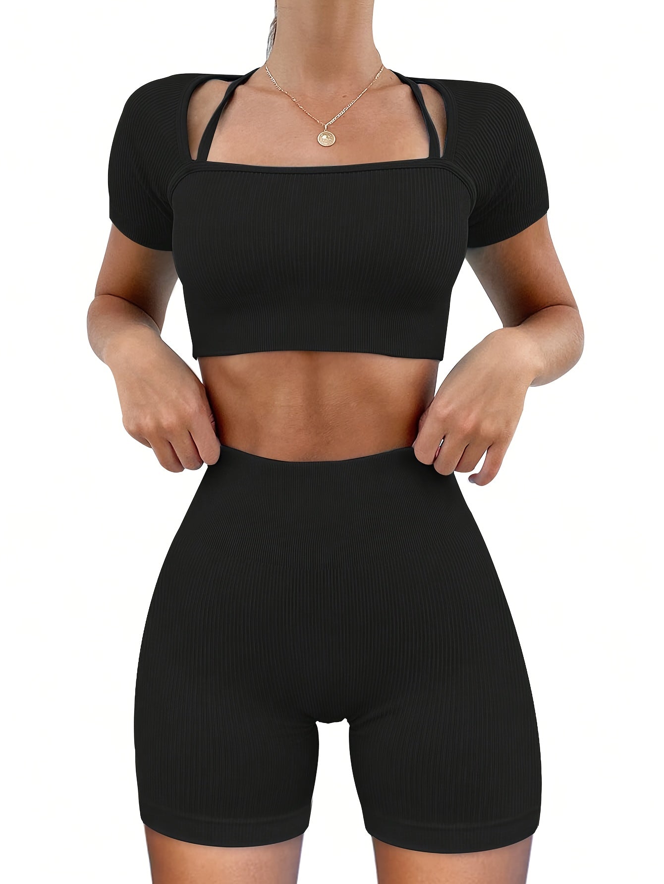 2pcs-Womens Workout Sets Square Neck Short Sleeve Shirts Ribbed Slim Fitted Seamless Yoga Outfits Shorts And Crop Top Matching Gym Athletic Clothing Set