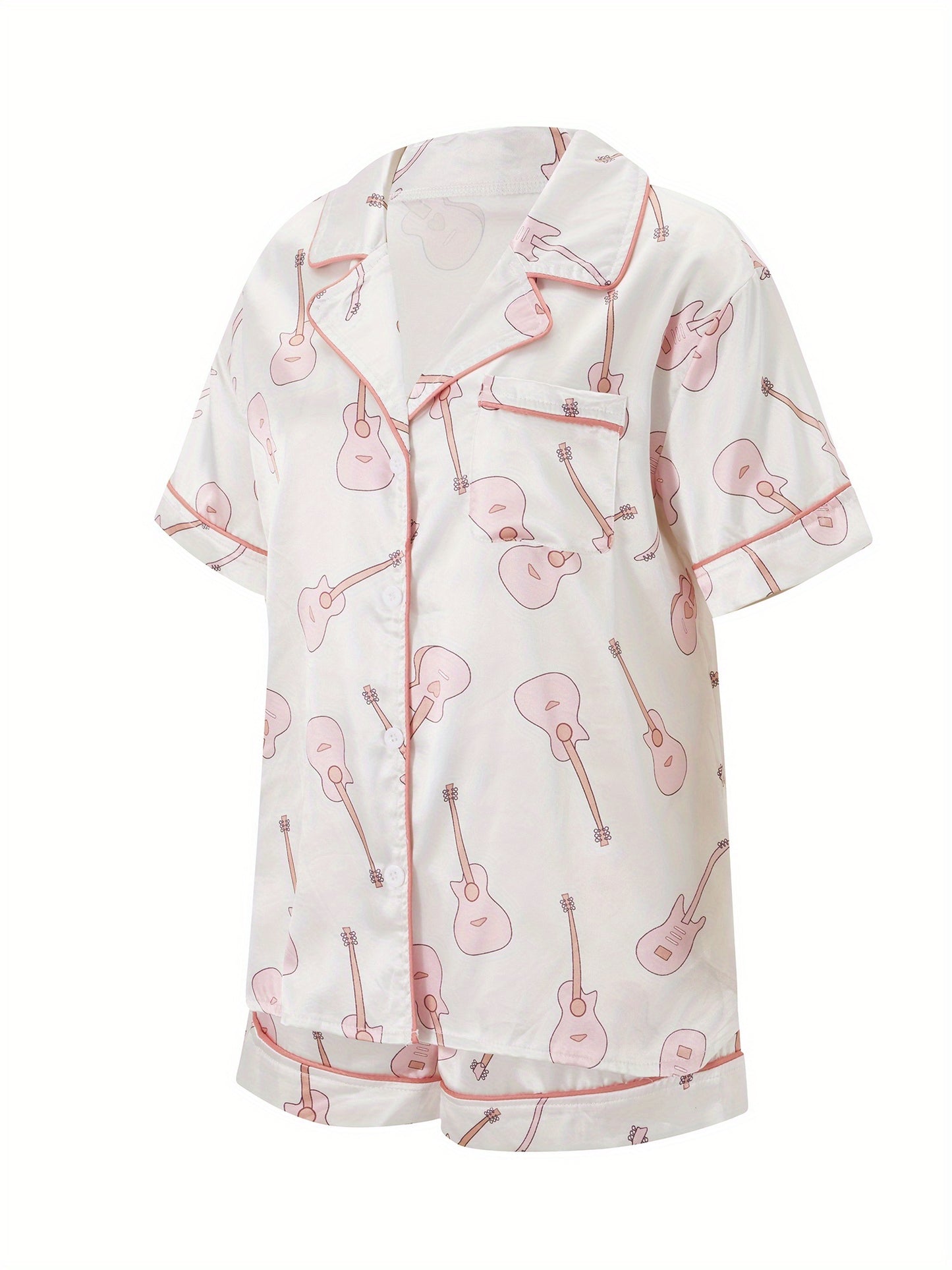 Women'S 2pcs Pajama Set, Polyester Lounge Wear with Guitar\u002FButterfly\u002FGoblet\u002FCroissant Print, Short Sleeve Top & Shorts Sleepwear Outfit, Casual All-Season Nightwear with Collared Shirt, Woven