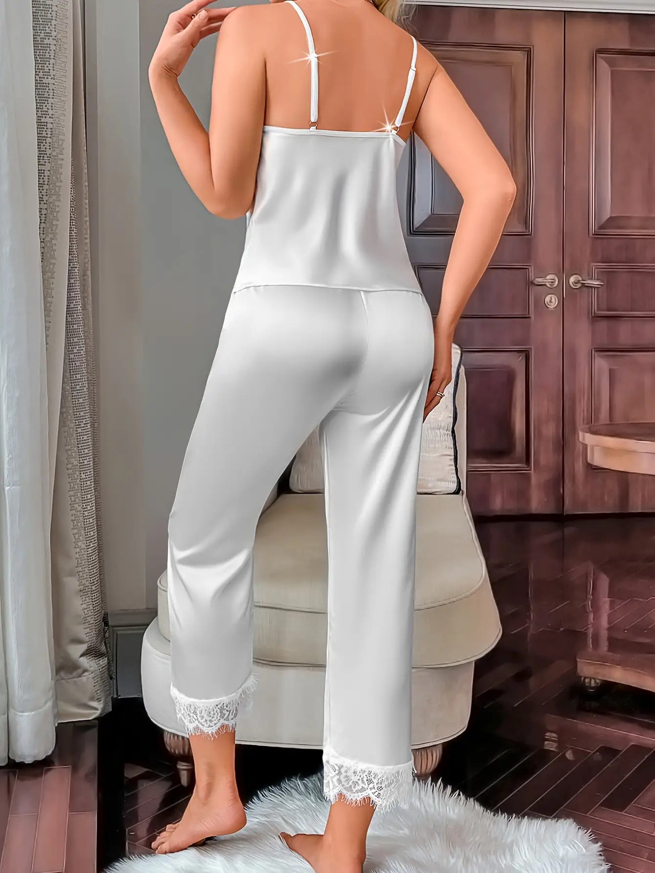 Elegant Ladies Lace Trim Pajama Set- Comfortable Spaghetti Strap Camisole Top and Elastic Waistband Pants, Breathable Polyester Blend, Suitable for All Seasons