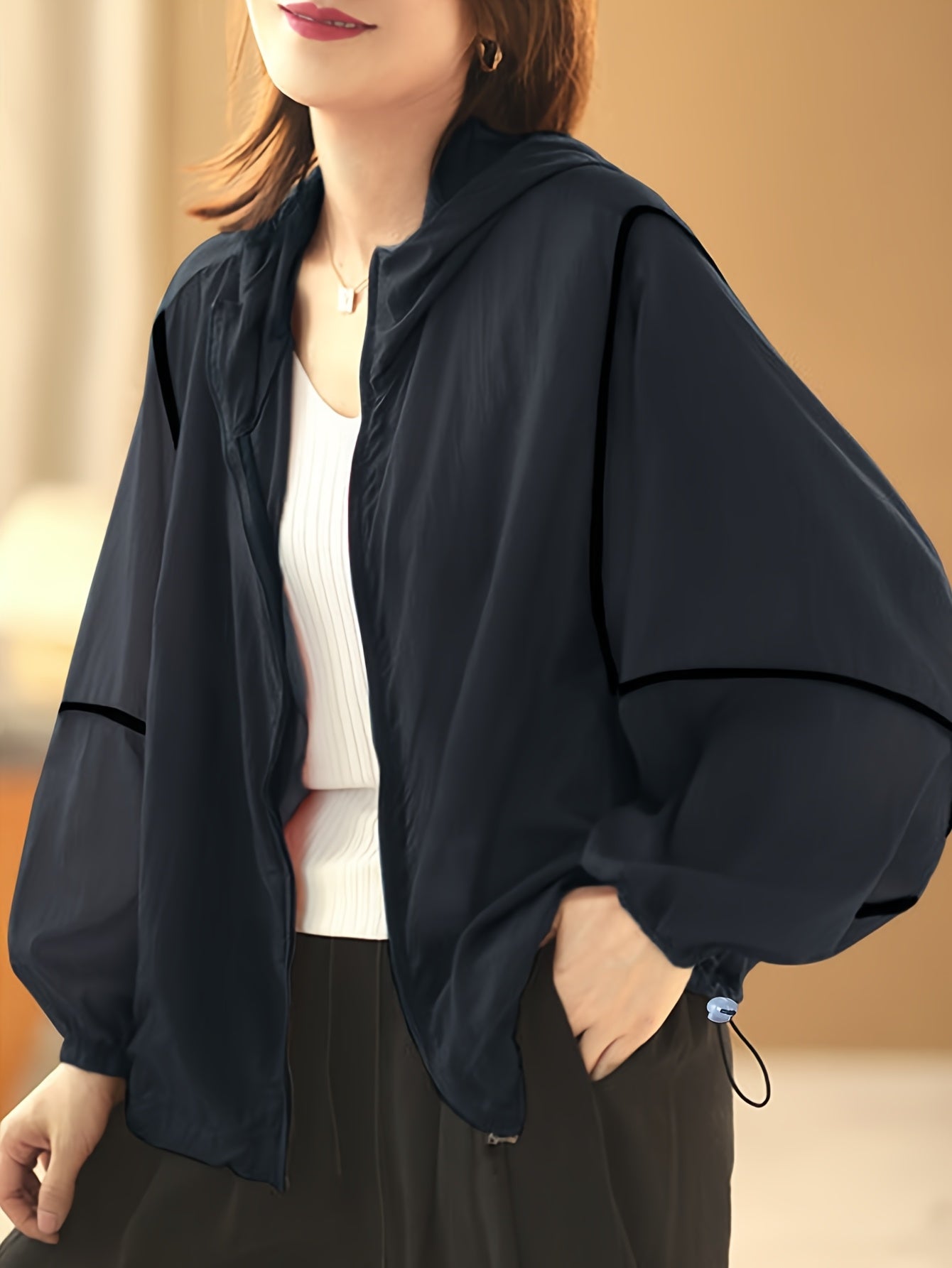 Women's Bohemian Lightweight Sun-Protective Beach Cover-Up - Sheer Breathable Hooded Long Sleeve Shirt with Pockets, Loose Fit Outdoor Casual Top for Poolside & Seaside Outings, Clothing, Nonelastic Fabric