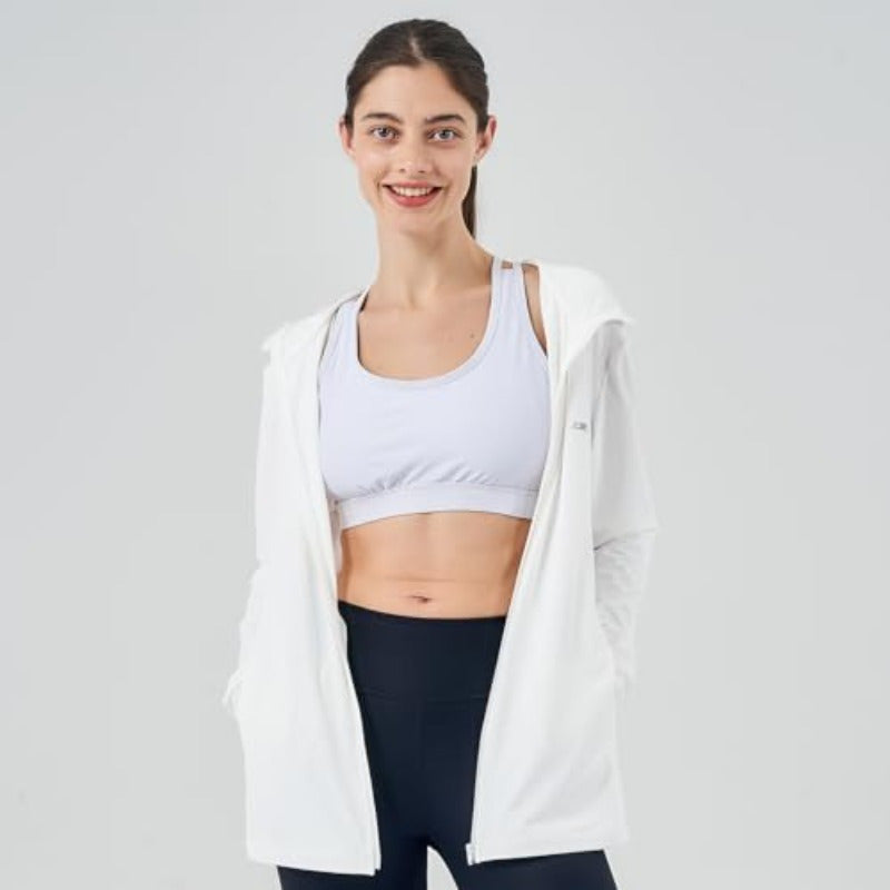 Women's UPF 70+ Full Body Sun Protection Hoodie - Lightweight UV Blocking Jacket with Front Zipper & Thumb Holes, Quick-Dry Athletic Zip-Up for Running, Hiking, Beach, Gym - White Outdoor Sports Apparel, Sun Safe Clothing, Breathable Fabric