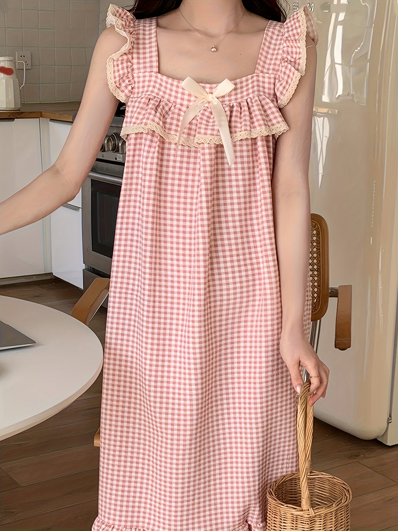 2025 Little Flying Sleeve Nightgown for Women, Summer Plaid Long Sweet and Cute Fresh Princess Style Home Wear with Built-in Bra
