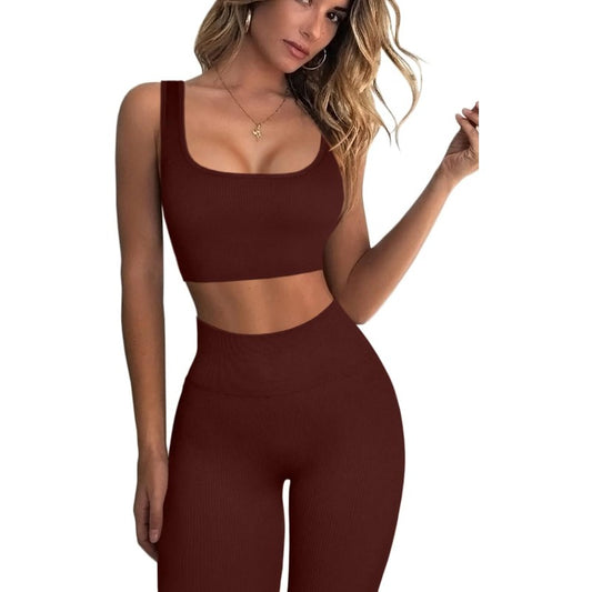 Ribbed Workout Outfits for Women 2 Piece Seamless Sport Bra High Waist Yoga Leggings Sets