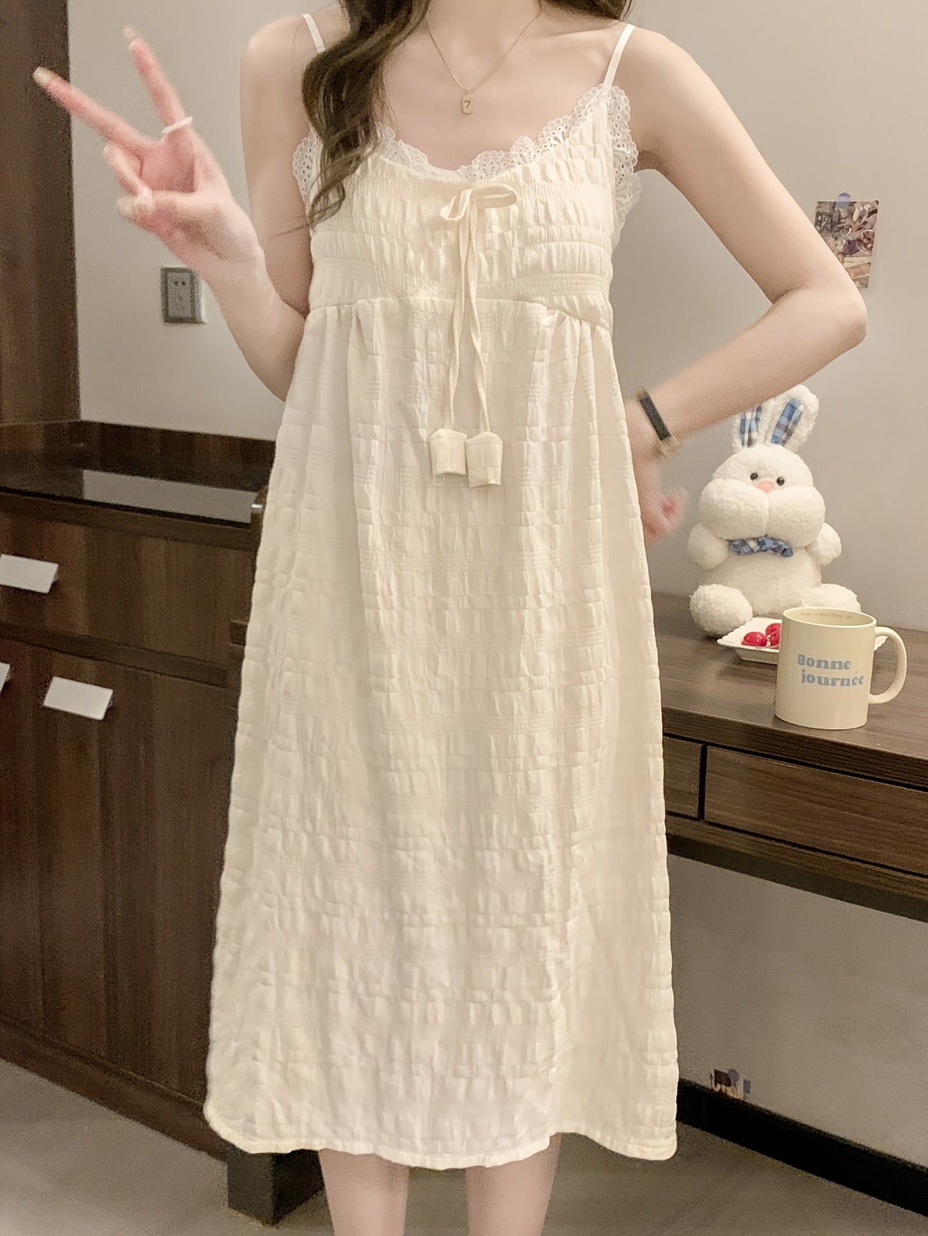 Elegant Off-Shoulder Mini Nightgown with Lace Trim - Sexy Solid Beige Cami Sleep Dress for Women, Soft Polyester Fabric, Summer Sleepwear and Loungewear, Casual Loungewear | Feminine Sleepwear | Polyester Nightgown