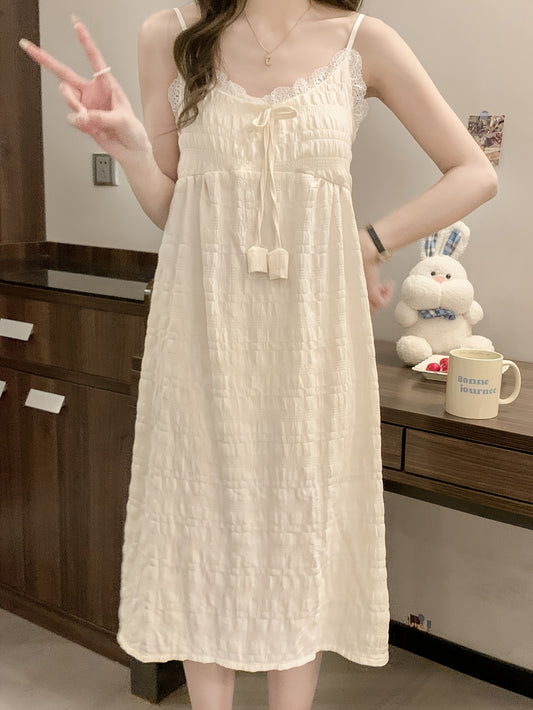Elegant Off-Shoulder Mini Nightgown with Lace Trim - Sexy Solid Beige Cami Sleep Dress for Women, Soft Polyester Fabric, Summer Sleepwear and Loungewear, Casual Loungewear | Feminine Sleepwear | Polyester Nightgown