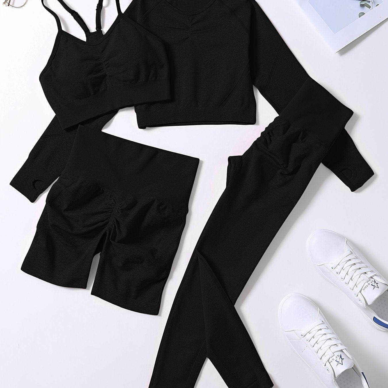 Smiling Face Style Workout Outfits for Women 4pcs Ribbed Seamless Crop Tank High Waist Yoga Leggings Sets
