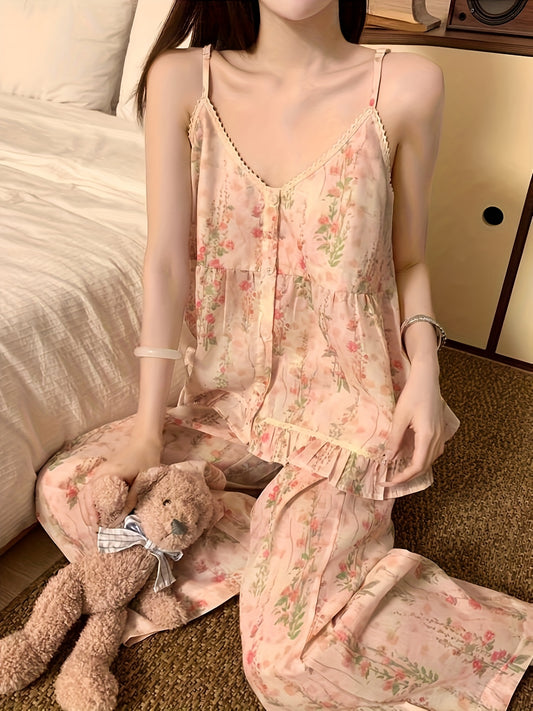 Rustic Style Camisole Nightgown for Women - Summer 2025 New Floral Print Sleeveless Long Pants Pajama Set