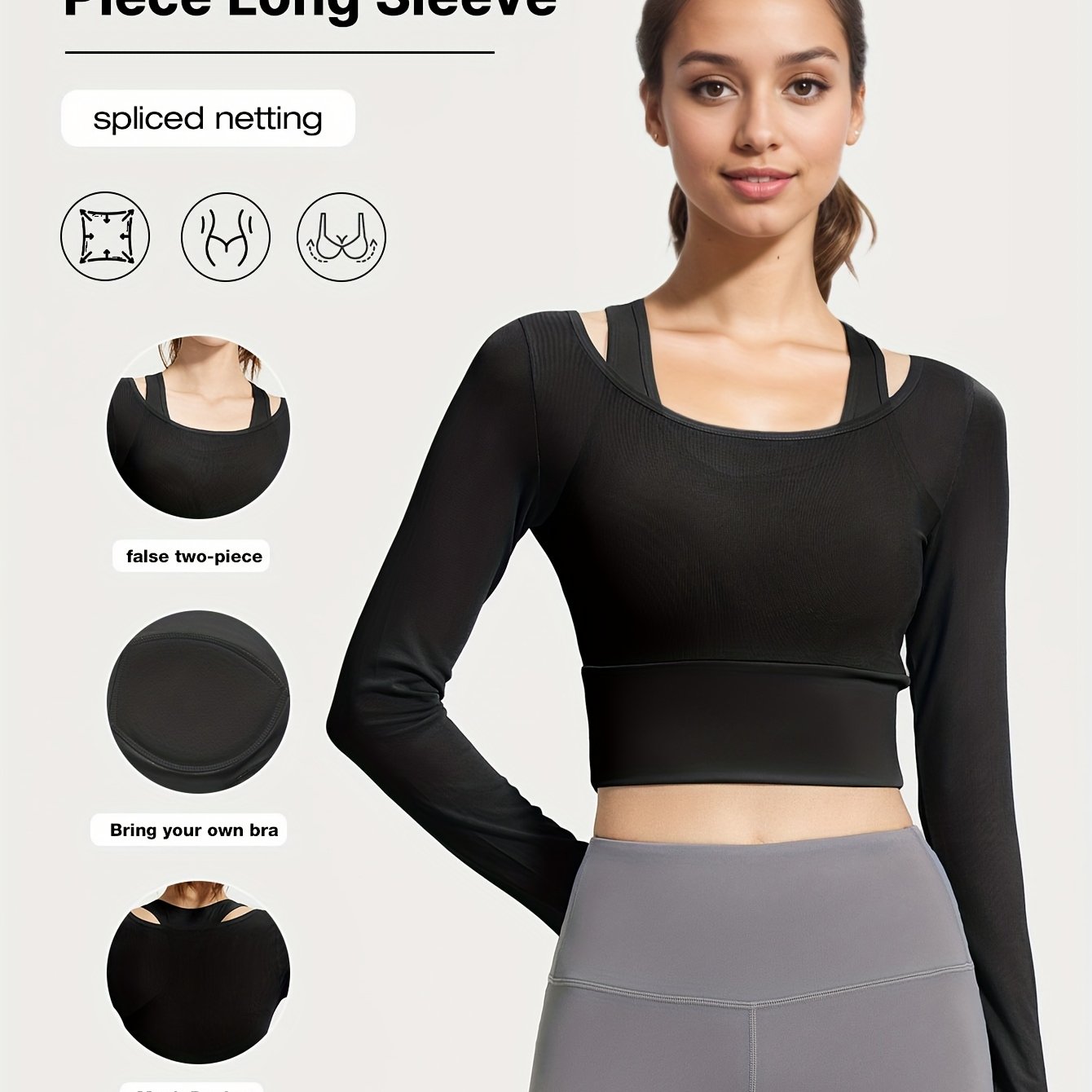 3 Colors New Spring\u002FSummer Mesh Two-Piece Yoga Set with Fixed Bra, Long Sleeve Women's Yoga Top, Slimming Elastic Waist Shaper, No-Bra Workout Fitness Shirt