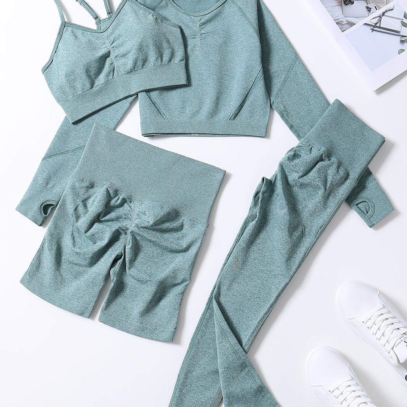 Smiling Face Style Workout Outfits for Women 4pcs Ribbed Seamless Crop Tank High Waist Yoga Leggings Sets