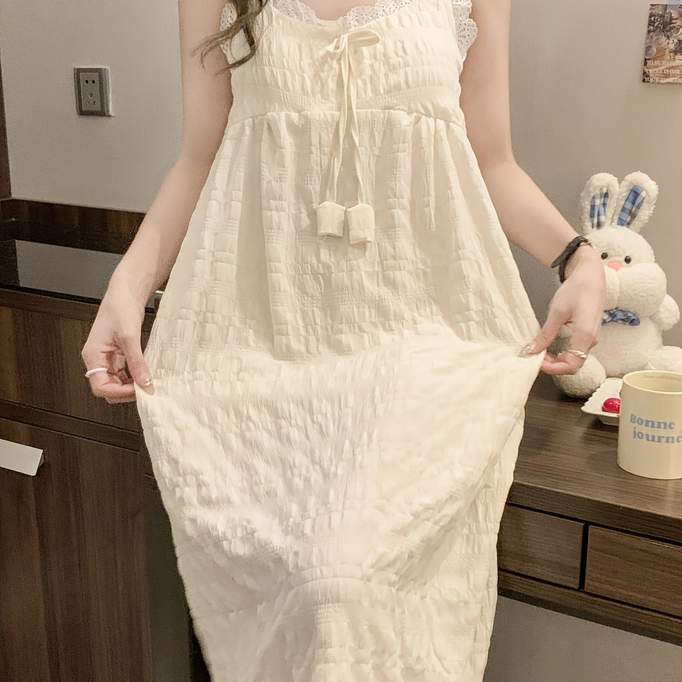 Elegant Off-Shoulder Mini Nightgown with Lace Trim - Sexy Solid Beige Cami Sleep Dress for Women, Soft Polyester Fabric, Summer Sleepwear and Loungewear, Casual Loungewear | Feminine Sleepwear | Polyester Nightgown
