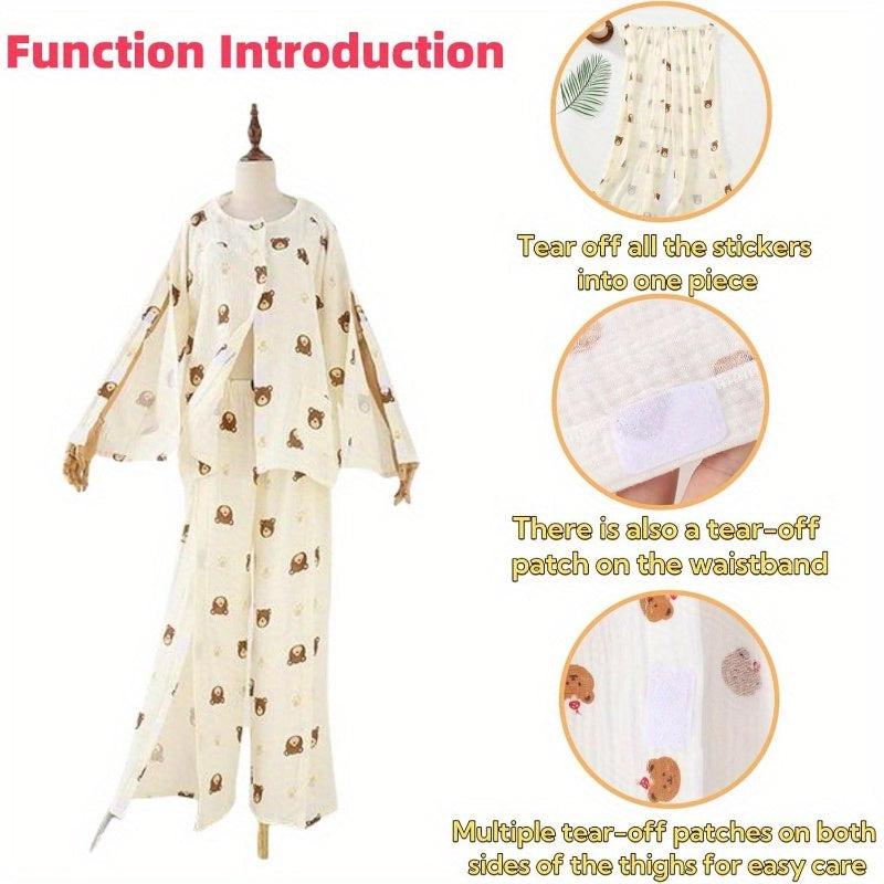 Women's Tearable Post-Operative Recovery Sleepwear - Adaptive Full-Open Pants with Elastic Waist & Cuffs, Pastel Heart Print for Paralyzed Bedridden Patients, Fracture Care & Home Use